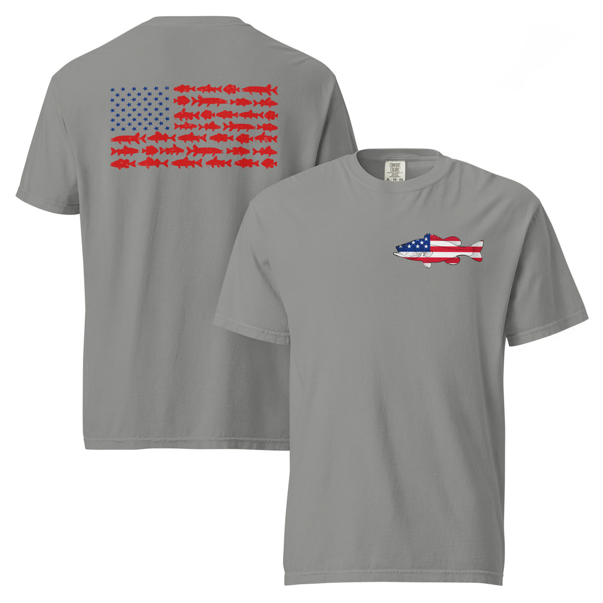 Gray men's t-shirt with American flag Bass on the front and American flag made of freshwater fish on the back