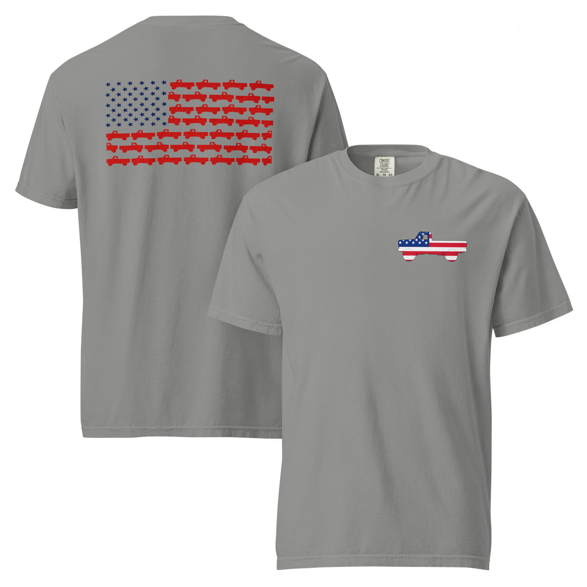 Gray men's t-shirt with American flag truck on the front and American flag made of trucks on the back