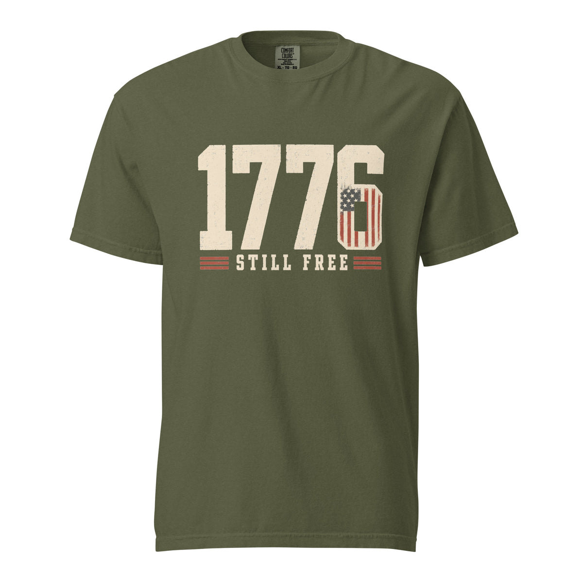 Green men's t-shirt with 1776 in big letters and still free written beneath it
