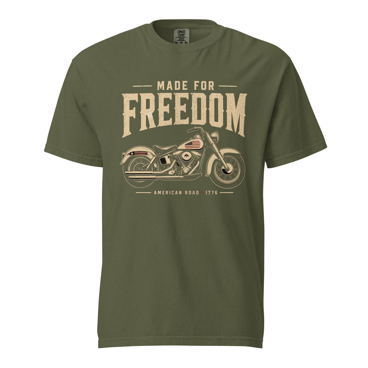 Men's green t-shirt that says Made for Freedom above a classic motorcycle graphic, and American Road 1776 at the bottom