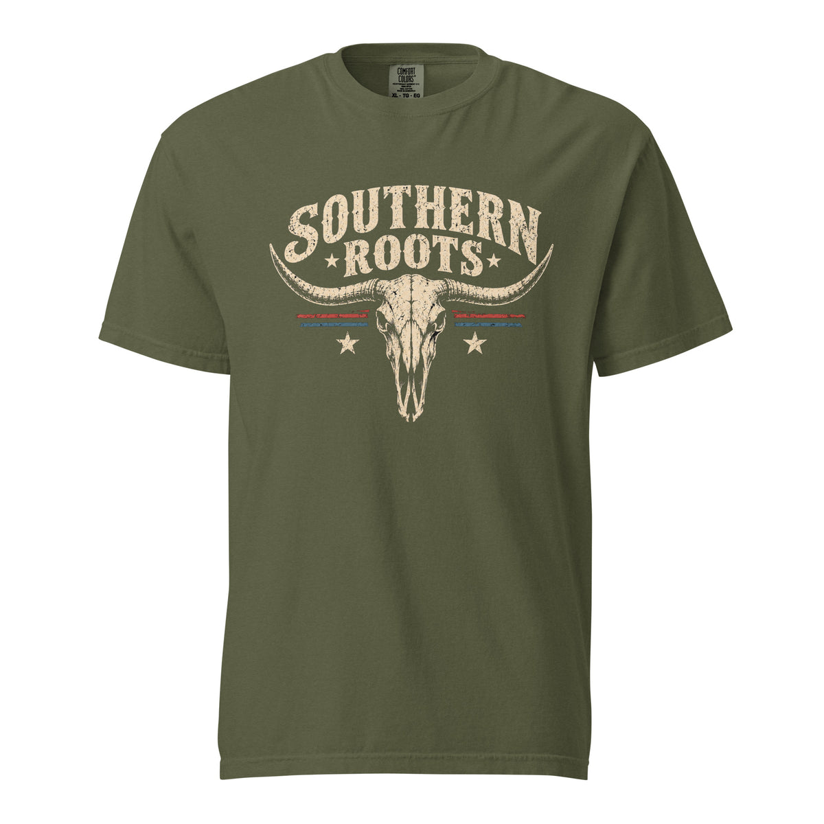 green men's shirt with southern roots written above a longhorn bone silhouette with star and stripe accents