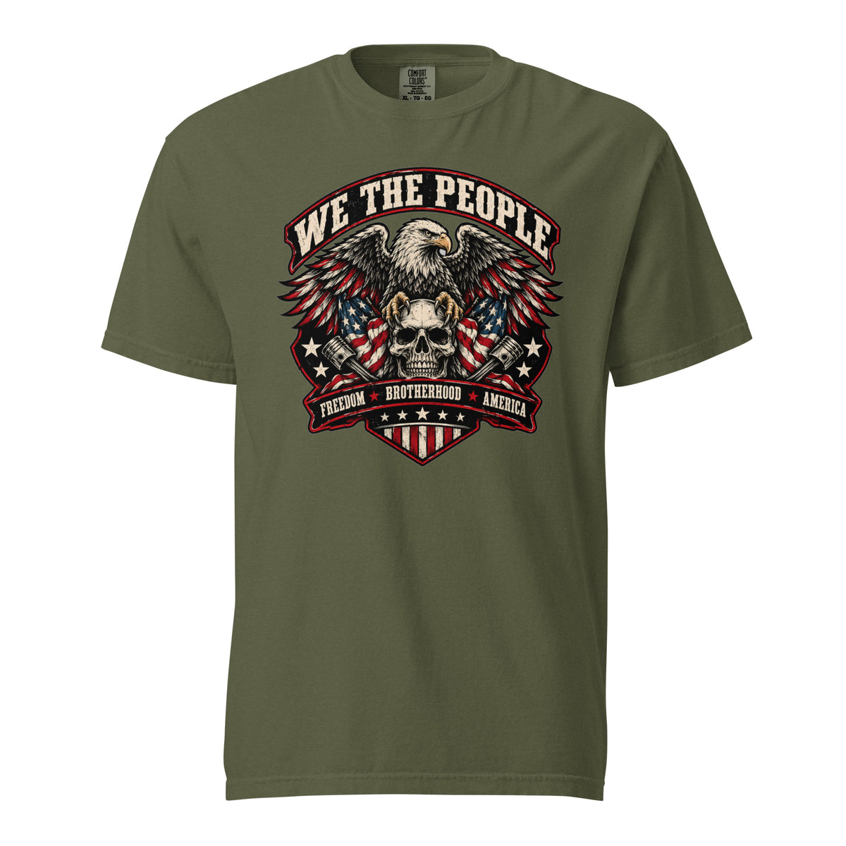 green men's t-shirt with "we the people" across the top and an eagle standing on a skull graphic below, with written "Freedom Brotherhood America" at the bottom