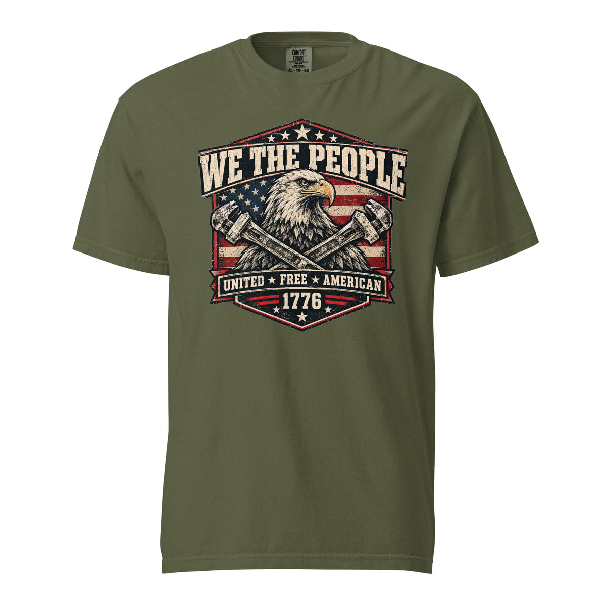 green men's t-shirt with "we the people" across the top and an eagle with two wrenches graphic below, with written "United Free America" at the bottom