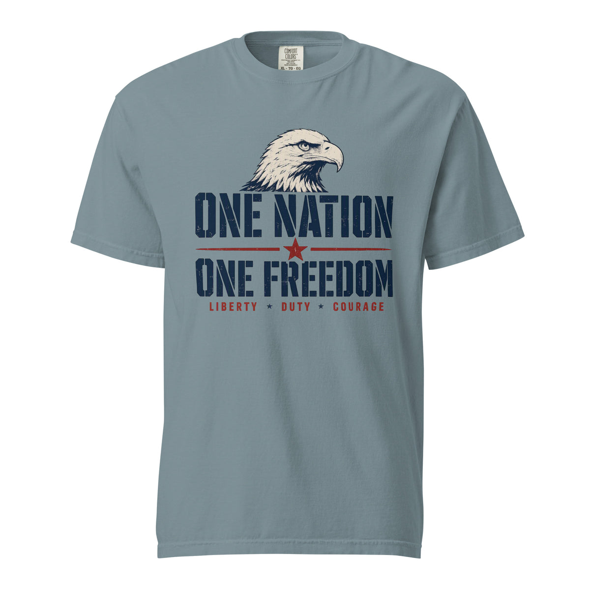 Blue men's t-shirt with an eagle head, and One Nation One Freedom written under. With some star accents and "Liberty Duty Courage" at the bottom.