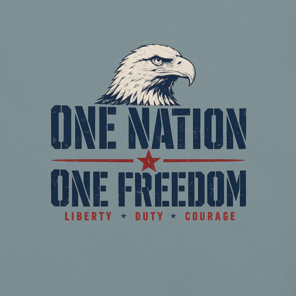 Blue men's t-shirt with an eagle head, and One Nation One Freedom written under. With some star accents and "Liberty Duty Courage" at the bottom.
