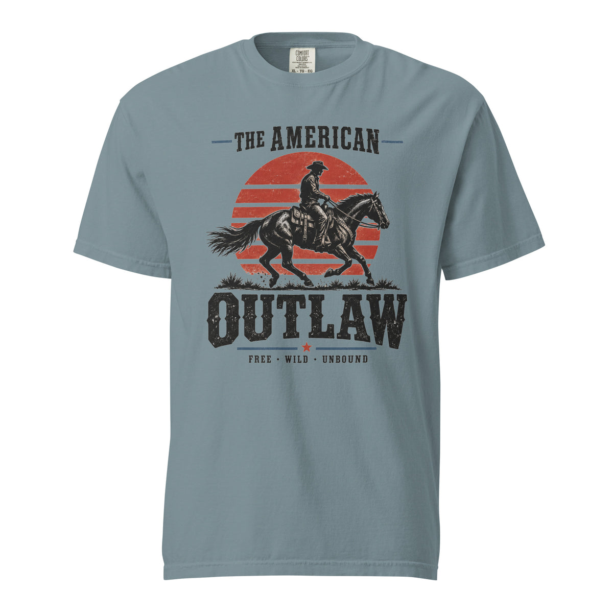 blue men's t-shirt with a sun setting silhouette and cowboy riding horse with "The American Outlaw" written above and below
