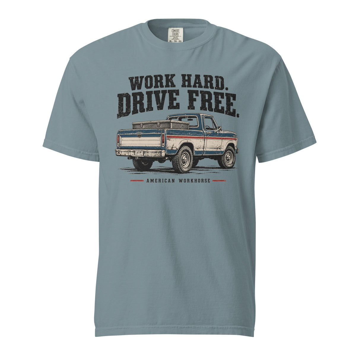 blue men's t-shirt that says Work hard. Drive Free. above a vintage American truck colored dusty red, white and blue