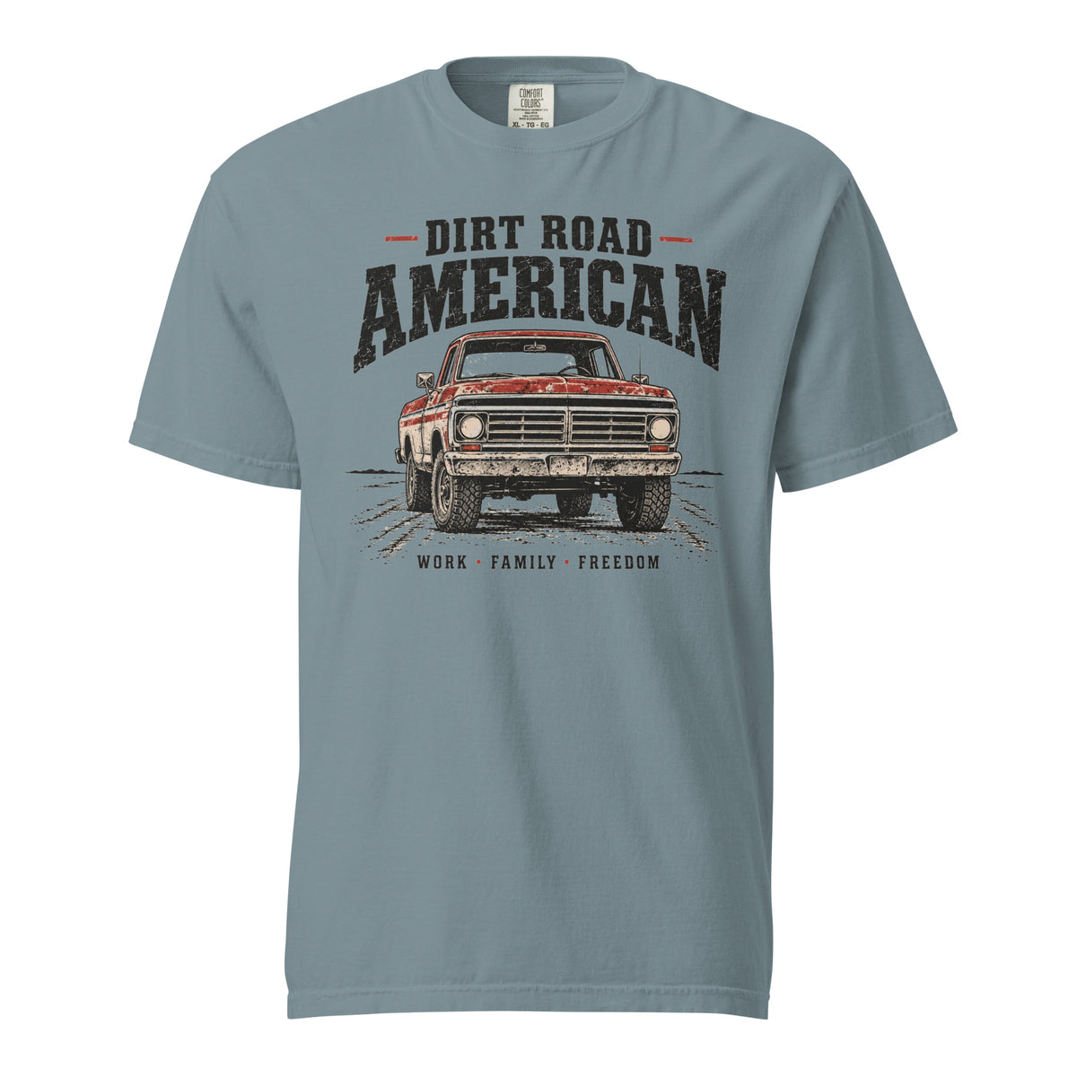 blue men's t-shirt that says Dir Road American above a vintage American truck colored dusty red on a dirt road silhouette