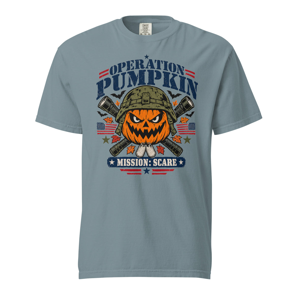 blue t-shirt with military pumpkin focal point, text saying "Operation pumpkin, Mission: Scare" along the top and bottom, with bats, leaves, and other fall accents