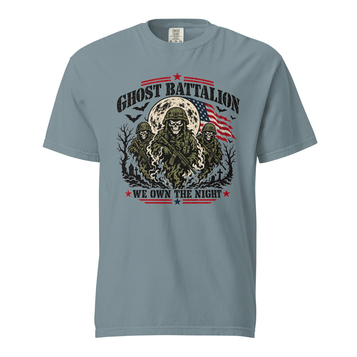 blue t-shirt with three skeleton military soldiers in spooky scene with Ghost Battalion written above and We Own the Night below