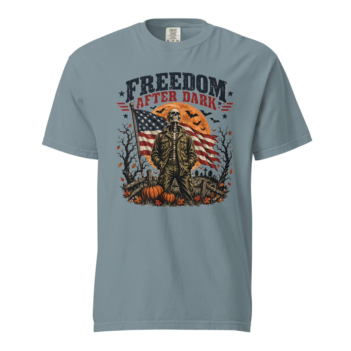 blue t-shirt with skeleton in front of American flag and moon, with Freedom after dark text above, and Halloween icon detail accents
