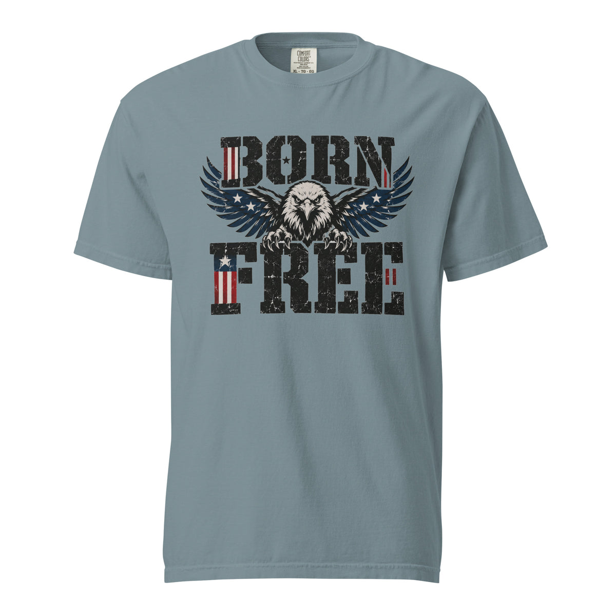 blue men's t-shirt with Born Free written in large letters and an eagle breaking through between them