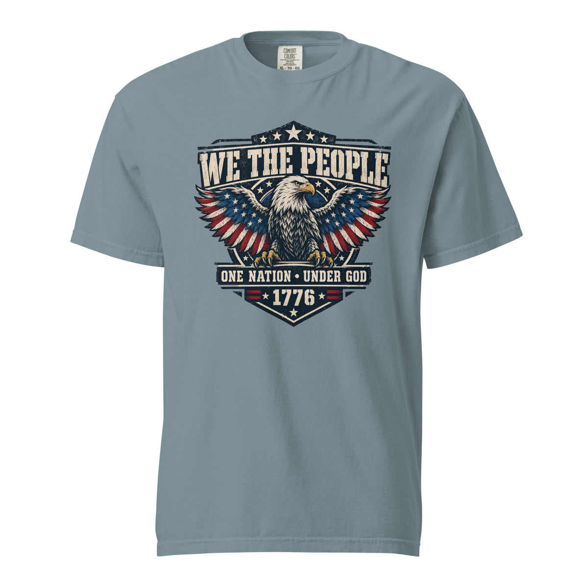 blue men's t-shirt with "we the people" across the top and an eagle graphic below, with written "One nation under god" and "1776" at the bottom