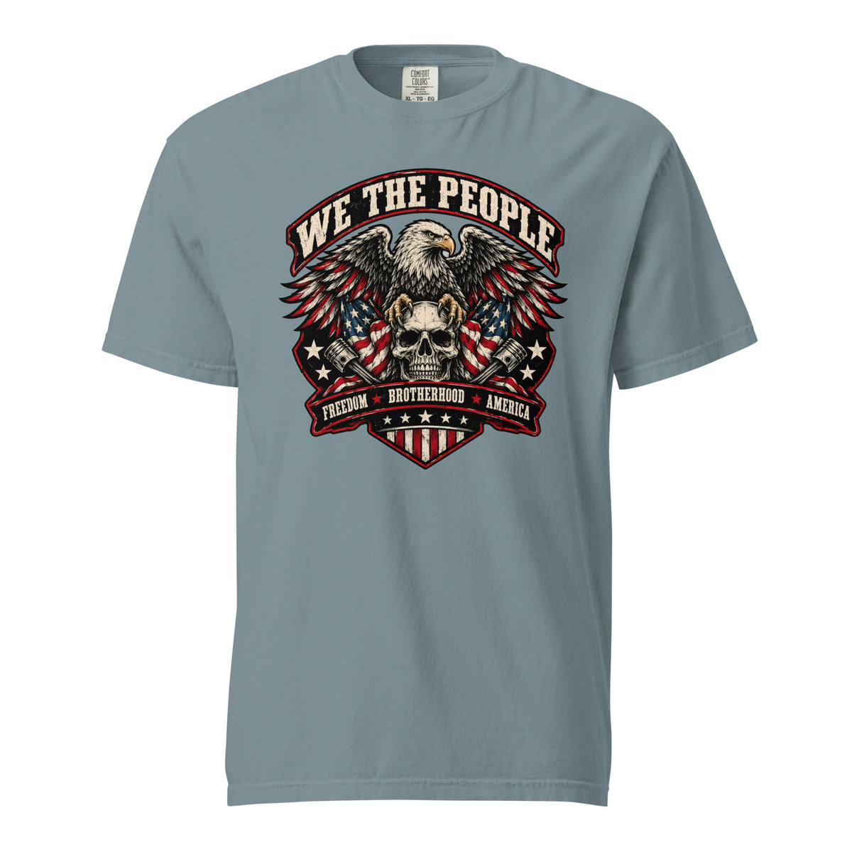 gray men's t-shirt with "we the people" across the top and an eagle standing on a skull graphic below, with written "Freedom Brotherhood America" at the bottom