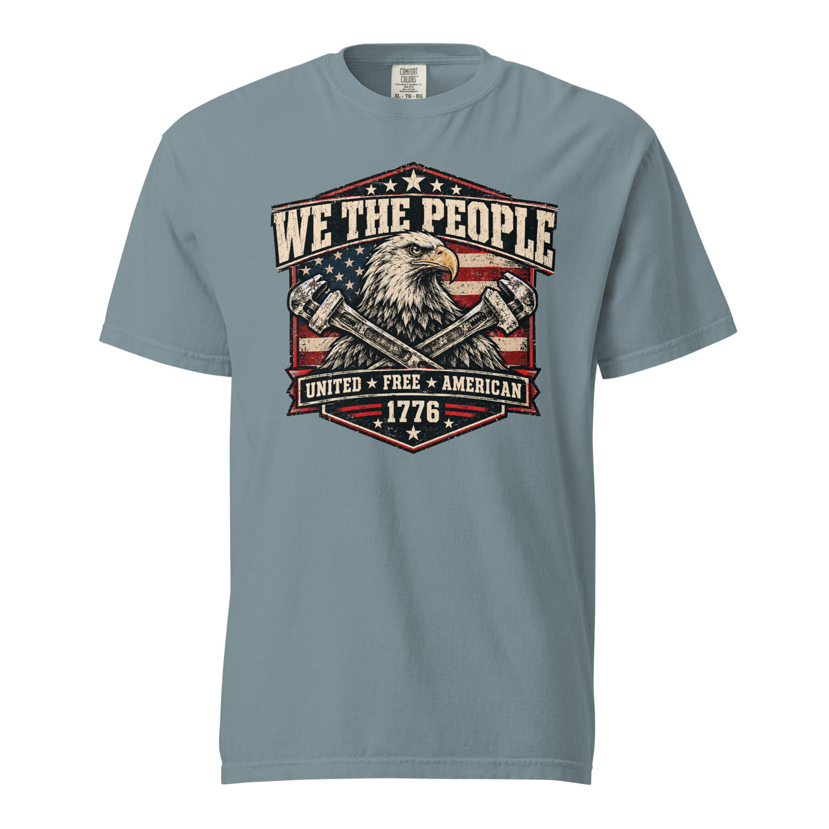 blue men's t-shirt with "we the people" across the top and an eagle with two wrenches graphic below, with written "United Free America" at the bottom