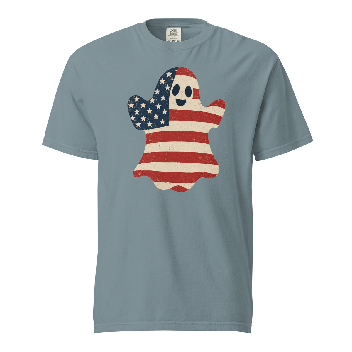 men's blue t-shirt for Halloween with a simple ghost silhouette filled with vintage American flag