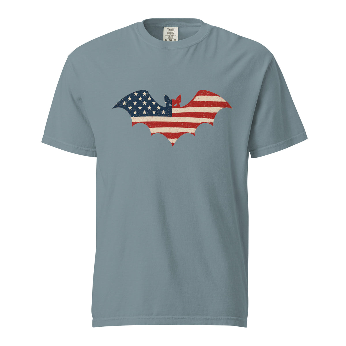 blue men's t-shirt for Halloween with a simple bat silhouette filled with vintage American flag