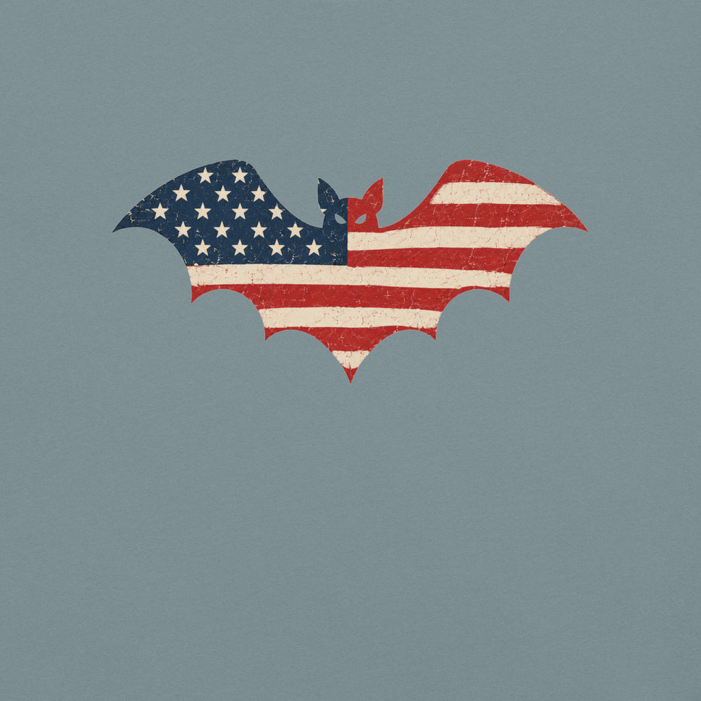 blue men's t-shirt close-up for Halloween with a simple bat silhouette filled with vintage American flag 