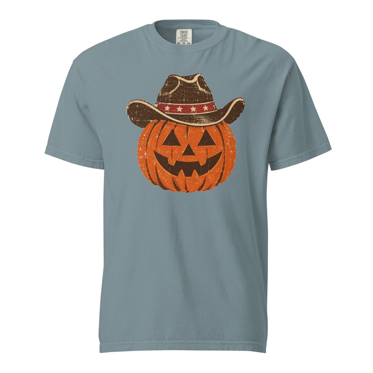 blue men's t-shirt for Halloween with a simple pumpkin carved silhouette with vintage American cowboy hat on top