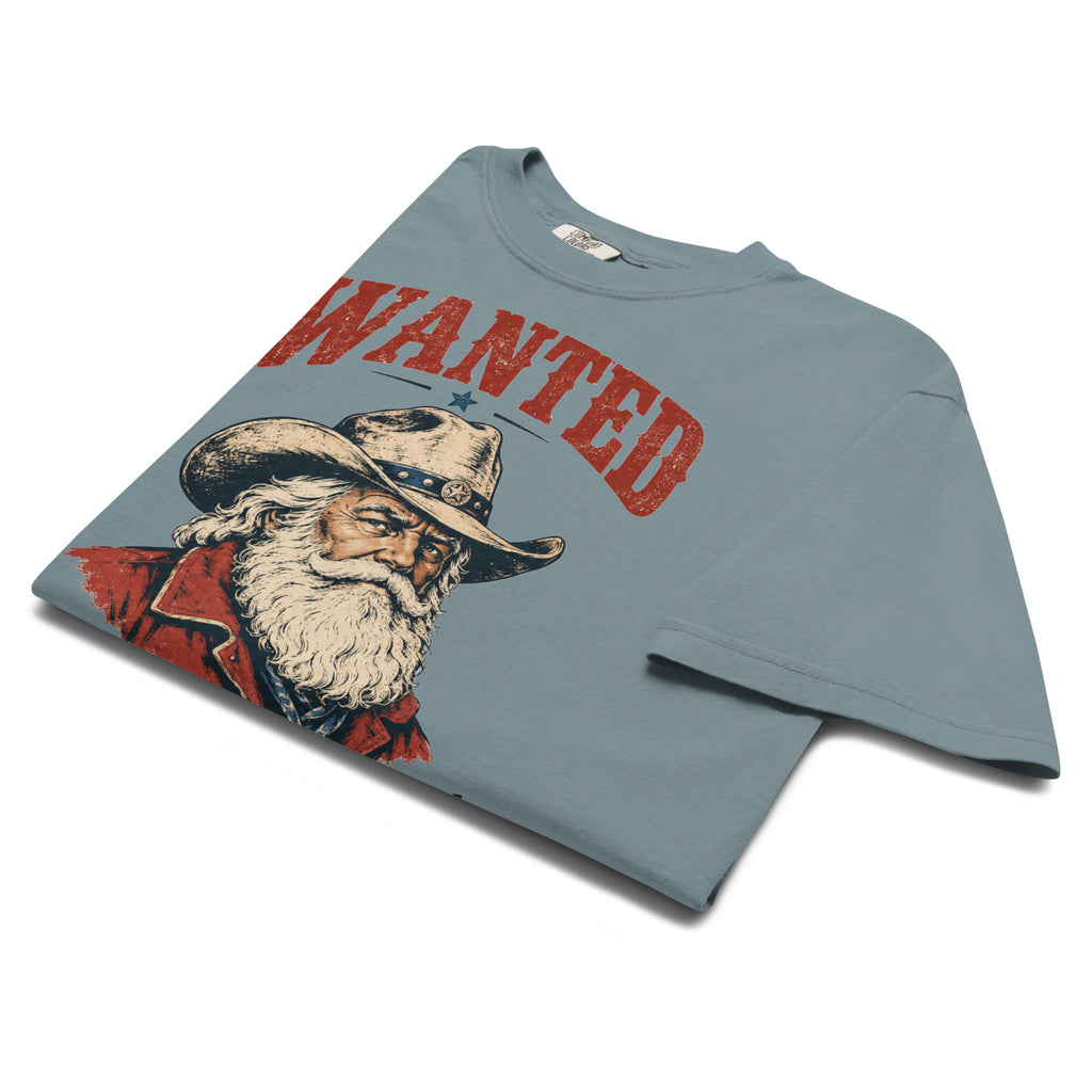 men's blue Christmas t-shirt with outlaw santa and "wanted" above and "santa claus" below