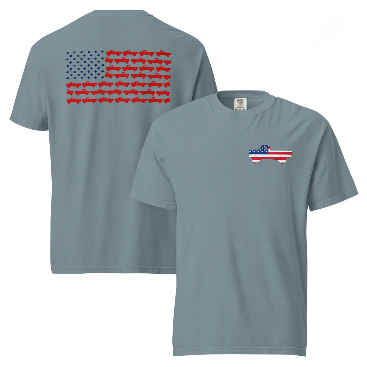 Blue men's t-shirt with American flag truck on the front and American flag made of trucks on the back