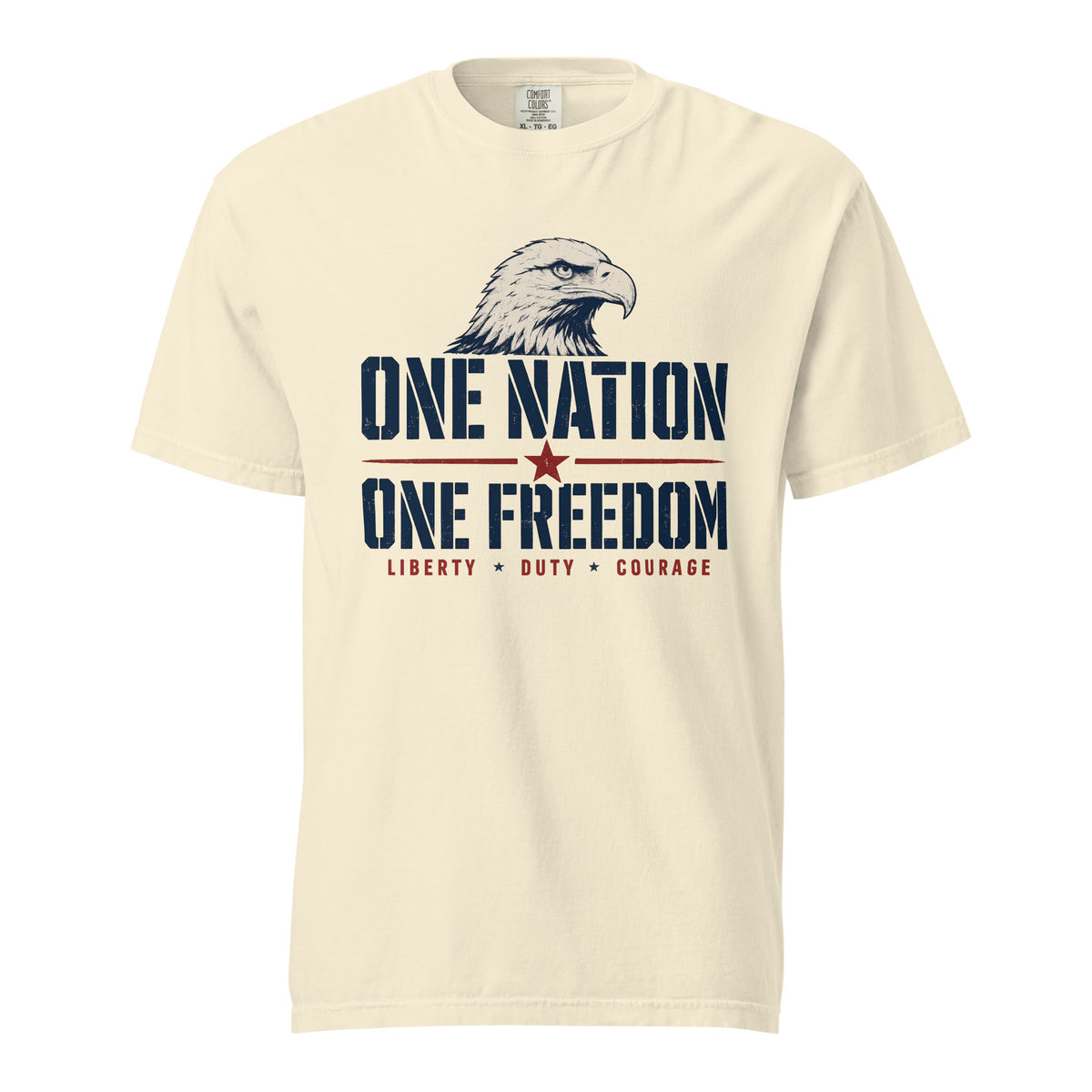 Off-white men's t-shirt with an eagle head, and One Nation One Freedom written under. With some star accents and "Liberty Duty Courage" at the bottom.