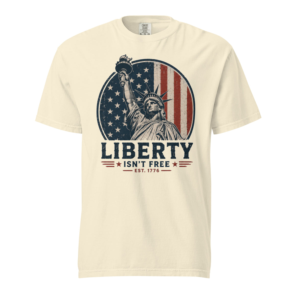 off-white men's t-shirt with American flag statue of liberty graphic, and text that says "Liberty isn't free" underneath