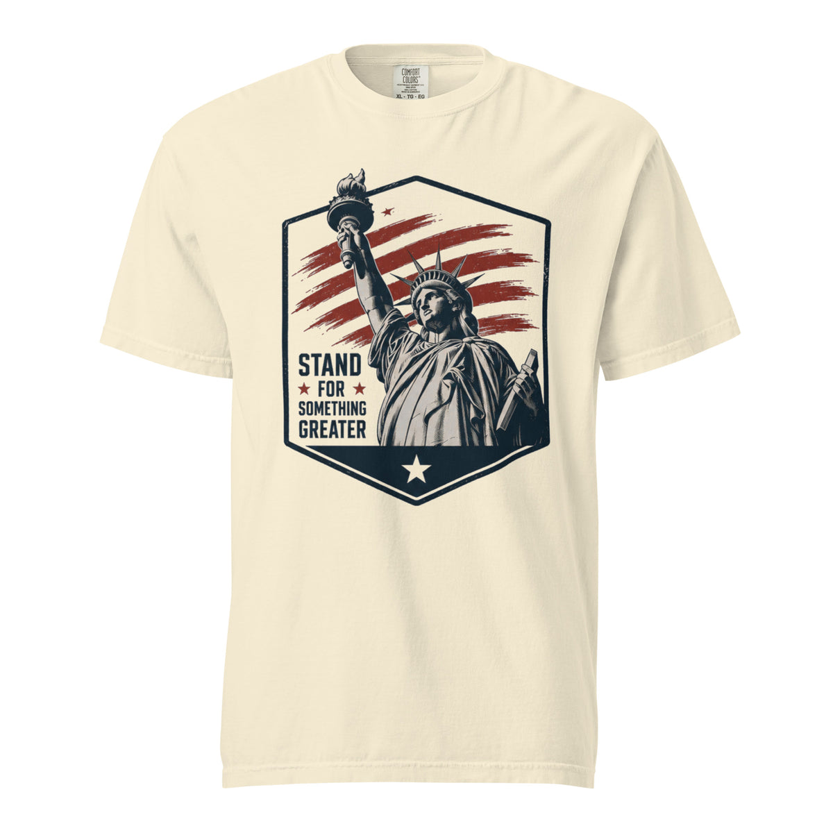 off-white men's t-shirt with statue of liberty and red stripes, that says "Stand for something greater" beside it