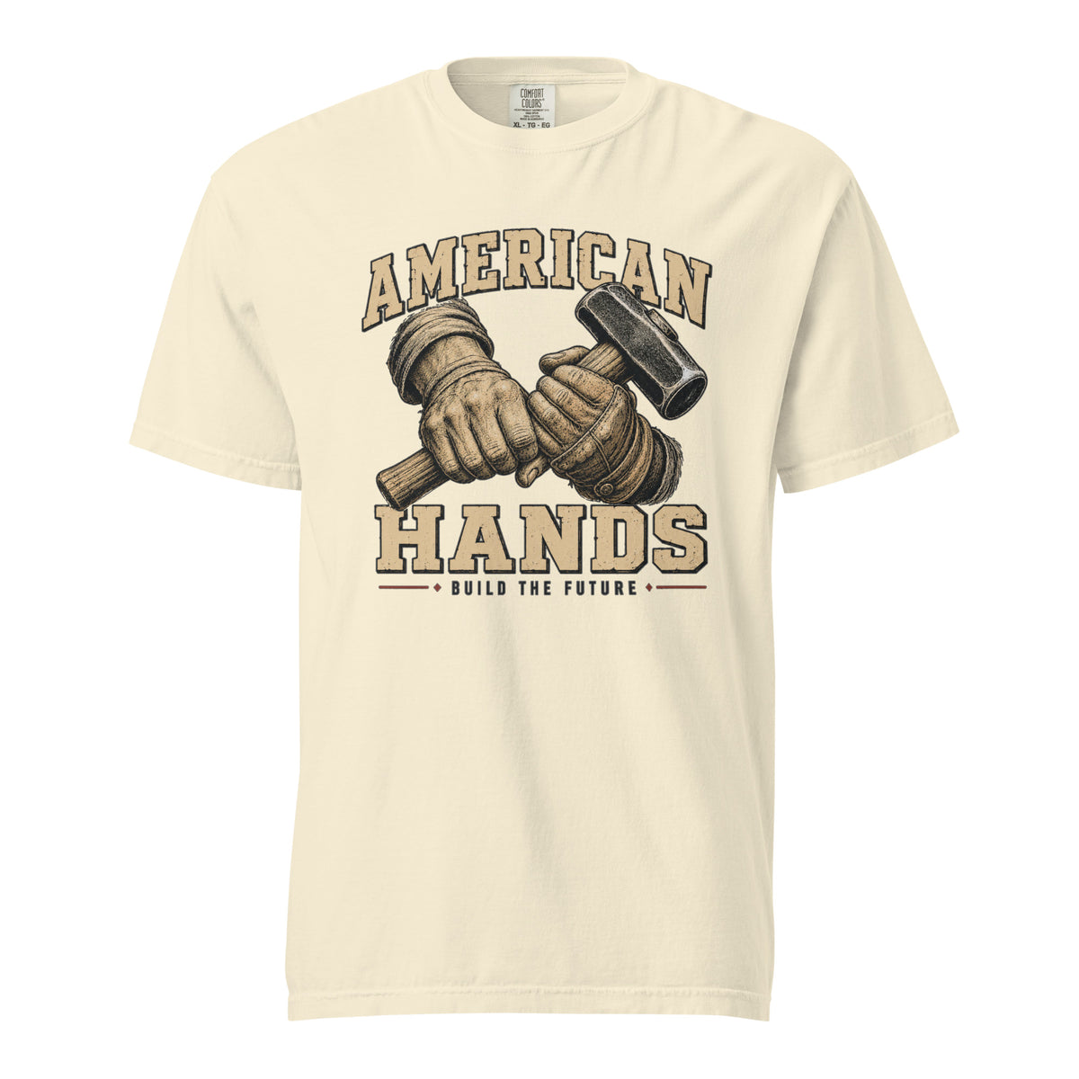 off-white men's t-shirt with American Hands written above and below rough hands holding a sledge hammer and build the future written beneath