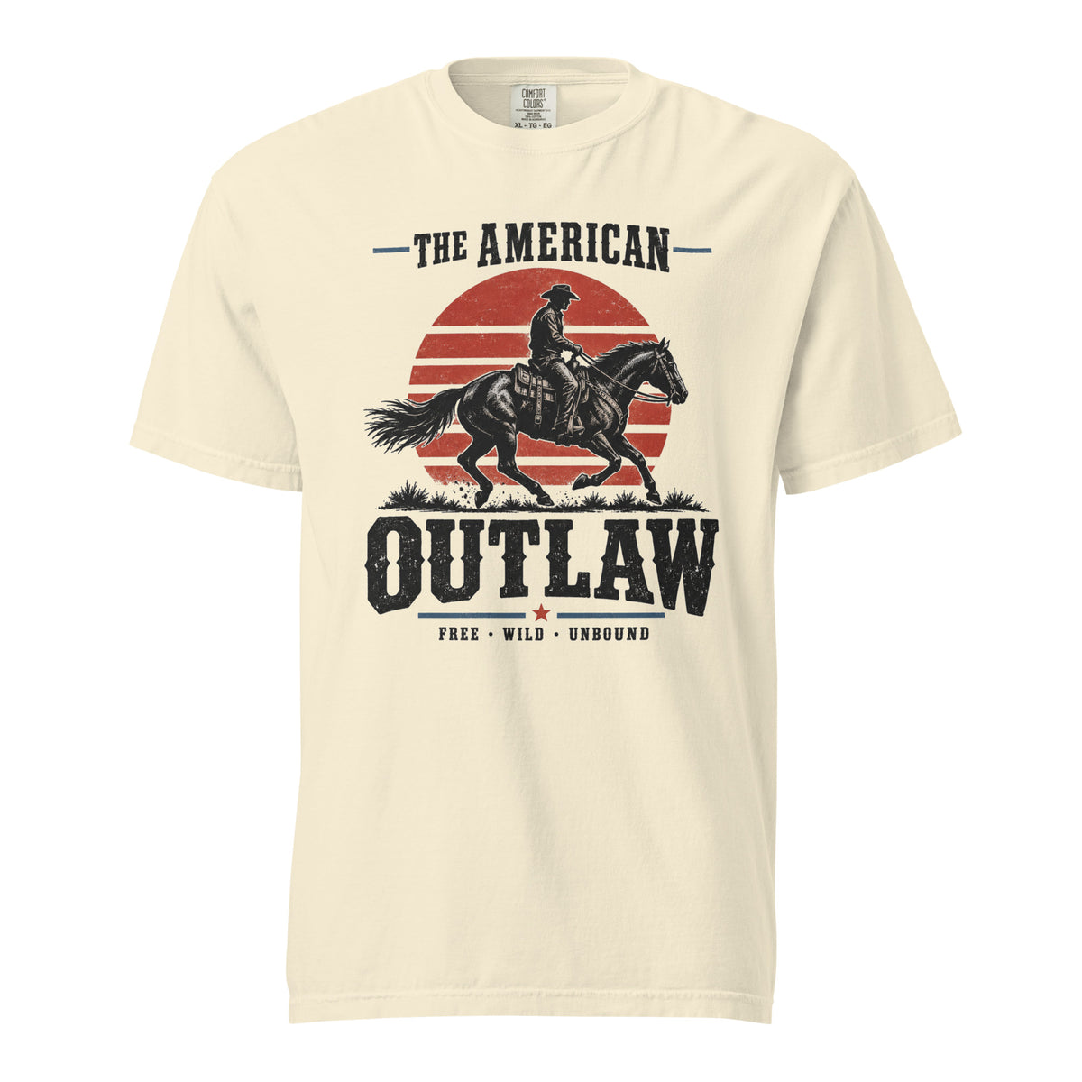 offwhite men's t-shirt with a sun setting silhouette and cowboy riding horse with "The American Outlaw" written above and below