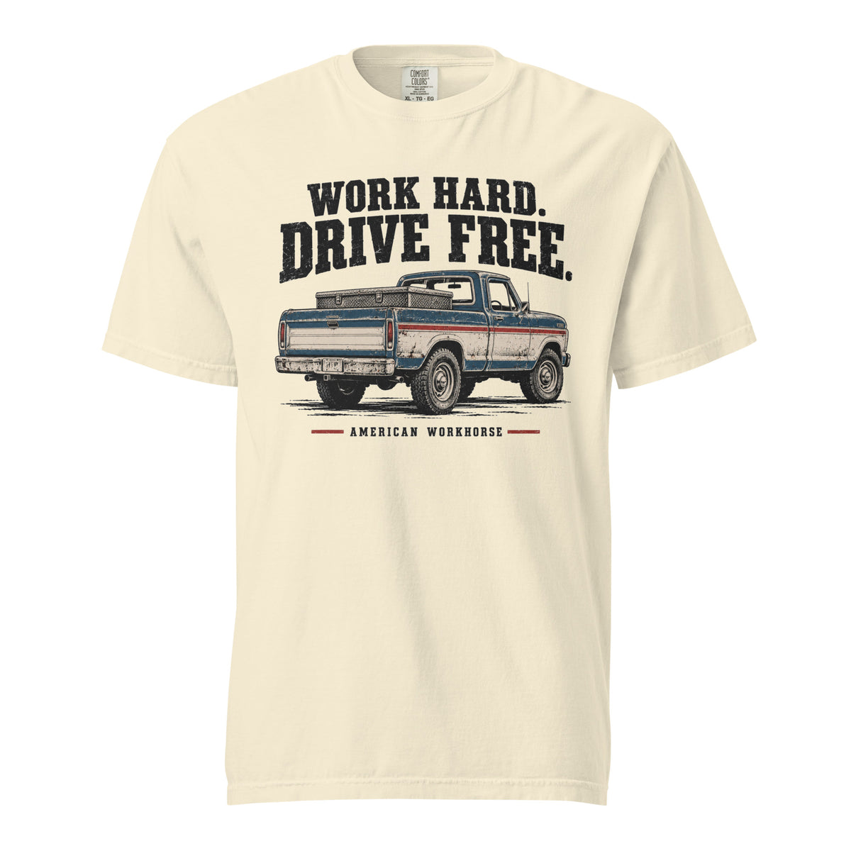 off-white men's t-shirt that says Work hard. Drive Free. above a vintage American truck colored dusty red, white and blue