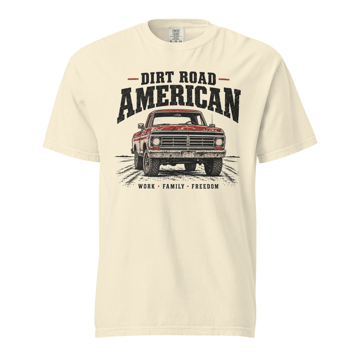 off-white men's t-shirt that says Dir Road American above a vintage American truck colored dusty red on a dirt road silhouette