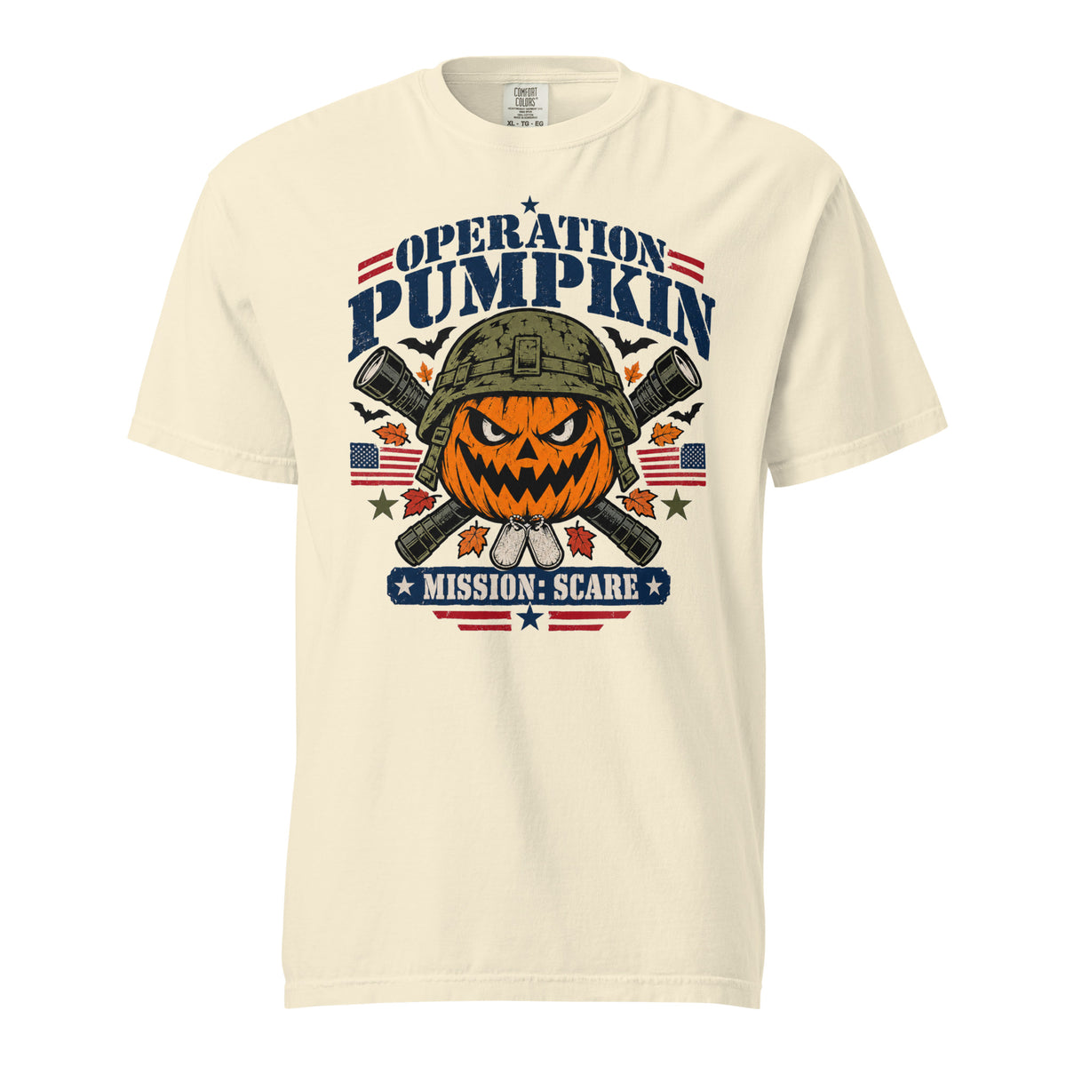 off-white t-shirt with military pumpkin focal point, text saying "Operation pumpkin, Mission: Scare" along the top and bottom, with bats, leaves, and other fall accents