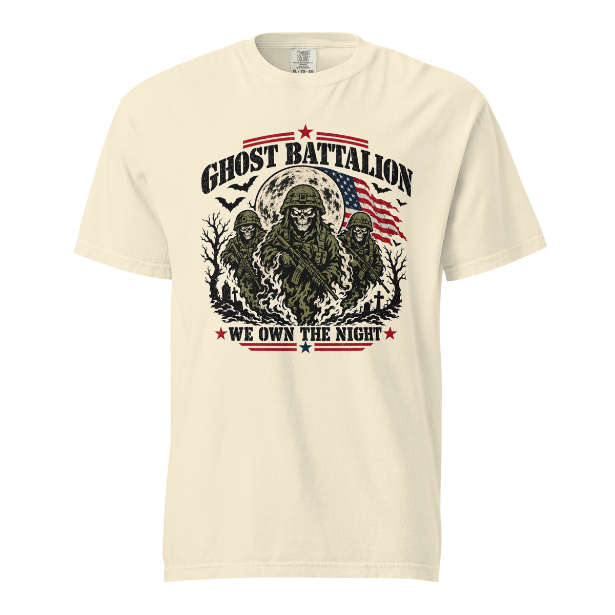 off-white t-shirt with three skeleton military soldiers in spooky scene with Ghost Battalion written above and We Own the Night below