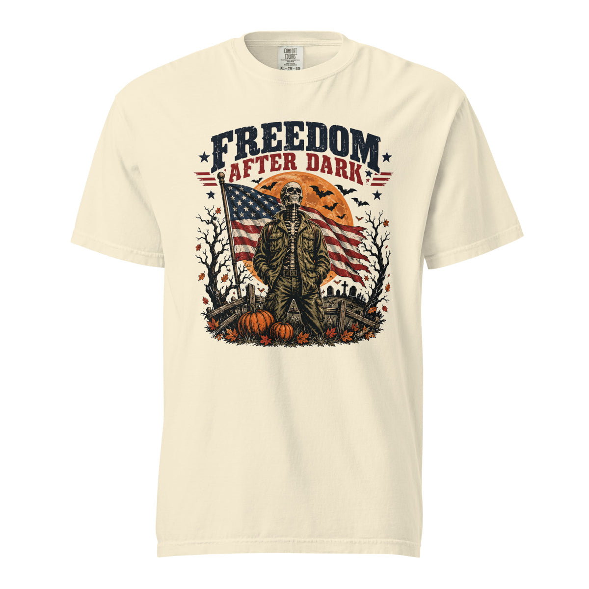 off-white t-shirt with skeleton in front of American flag and moon, with Freedom after dark text above, and Halloween icon detail accents