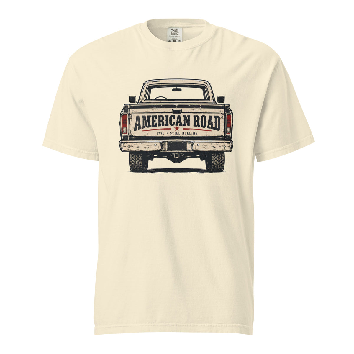 off-white men's t-shirt with American Road written across the tailgate of a vintage American truck