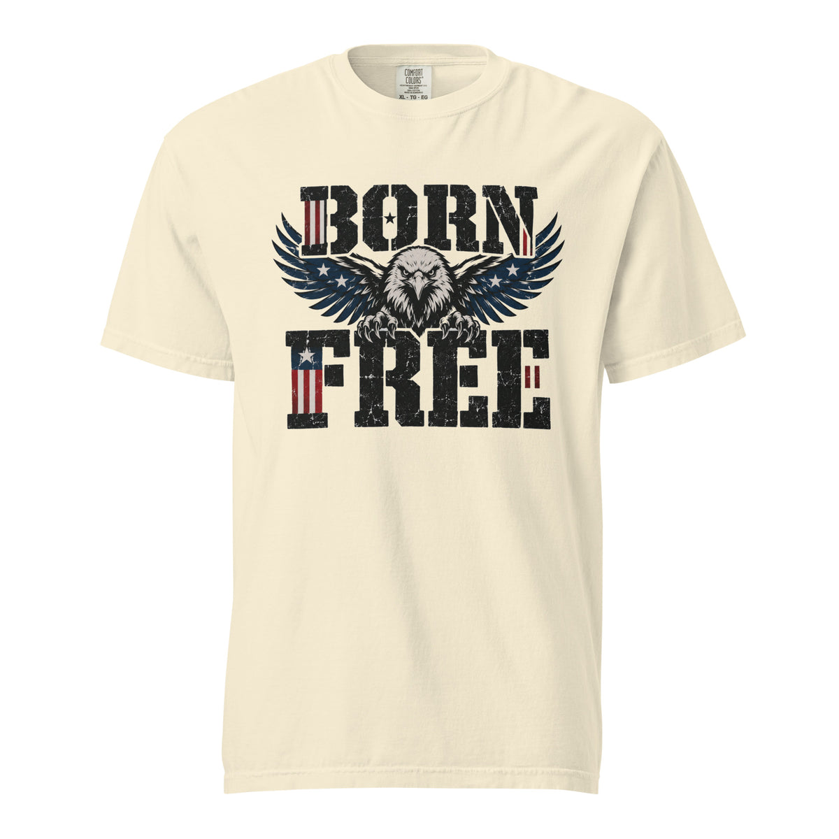 off-white men's t-shirt with Born Free written in large letters and an eagle breaking through between them