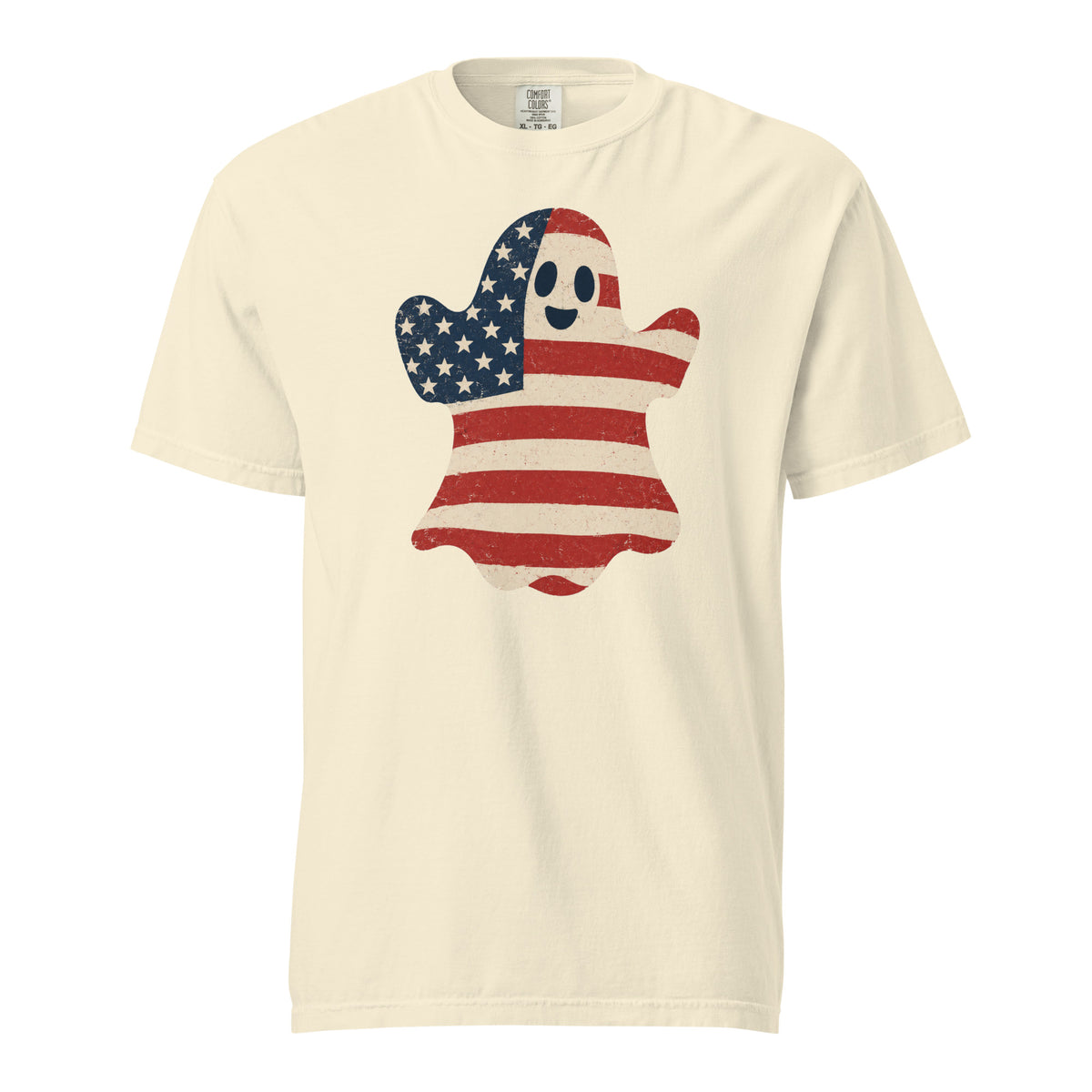 men's off-white t-shirt for Halloween with a simple ghost silhouette filled with vintage American flag