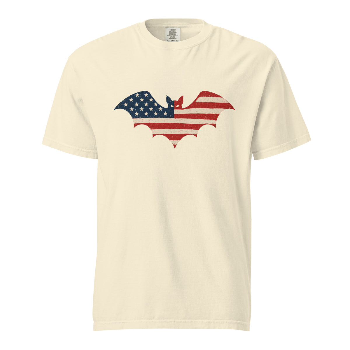 off-white men's t-shirt for Halloween with a simple bat silhouette filled with vintage American flag
