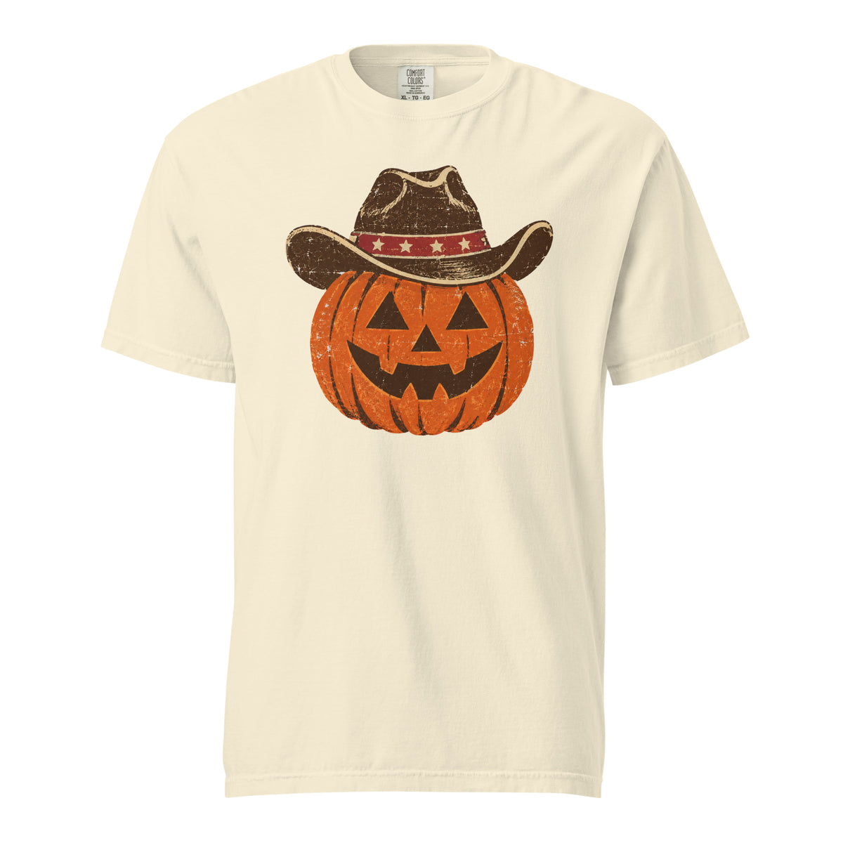 off-white men's t-shirt for Halloween with a simple pumpkin carved silhouette with vintage American cowboy hat on top