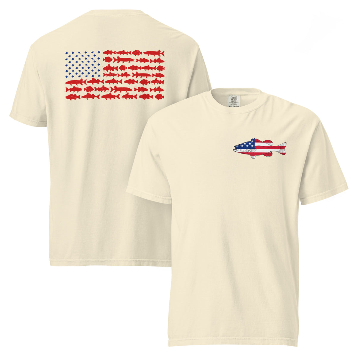 Off-white men's t-shirt with American flag Bass on the front and American flag made of freshwater fish on the back