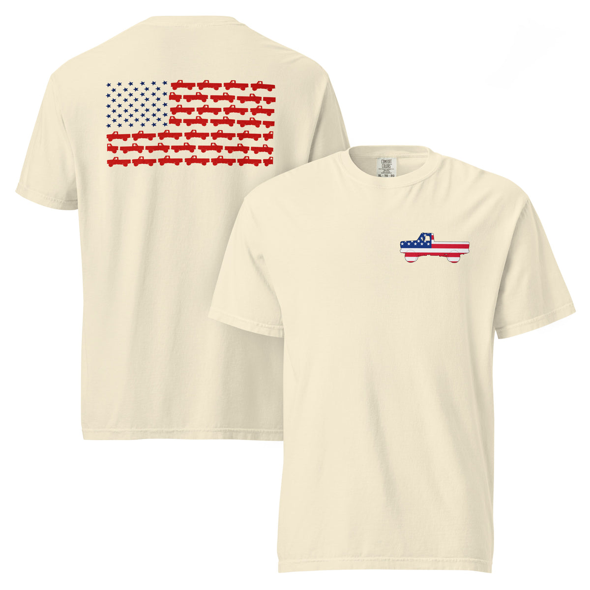 off-white men's t-shirt with American flag truck on the front and American flag made of trucks on the back