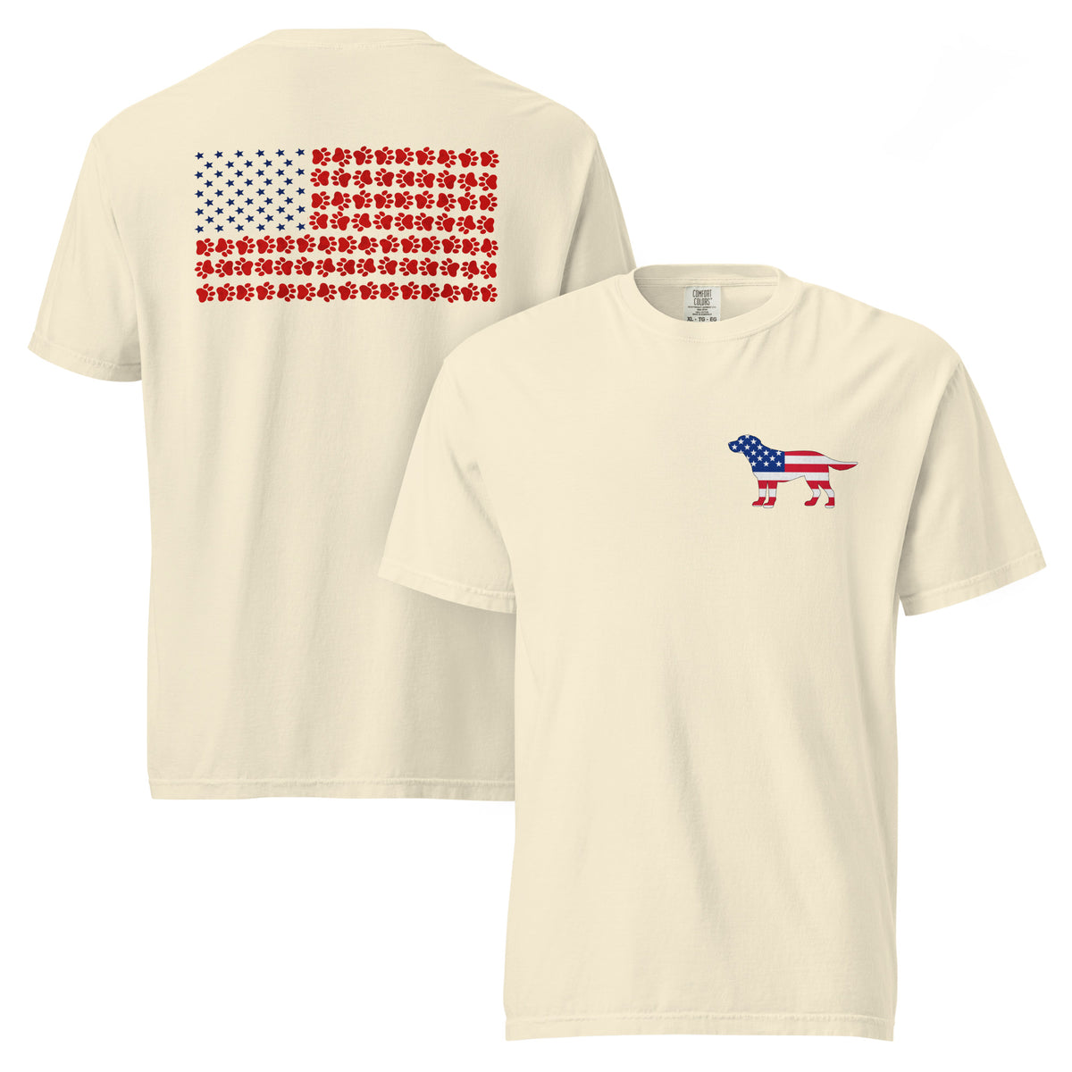 Off-white men's t-shirt with American flag dog on front and American flag made of paw prints on the back