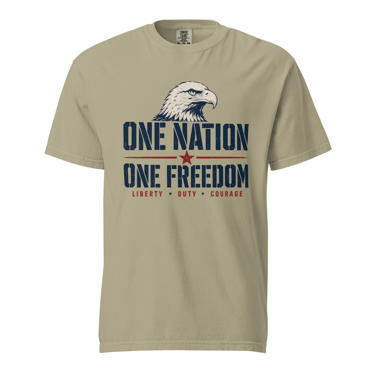 Tan men's t-shirt with an eagle head, and One Nation One Freedom written under. With some star accents and "Liberty Duty Courage" at the bottom.