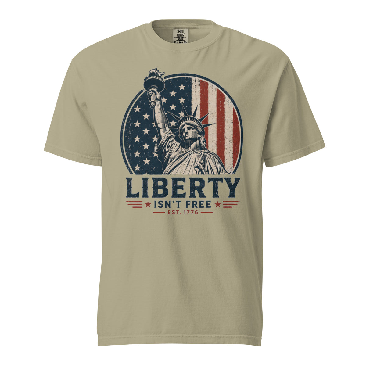 Tan men's t-shirt with American flag statue of liberty graphic, and text that says "Liberty isn't free" underneath