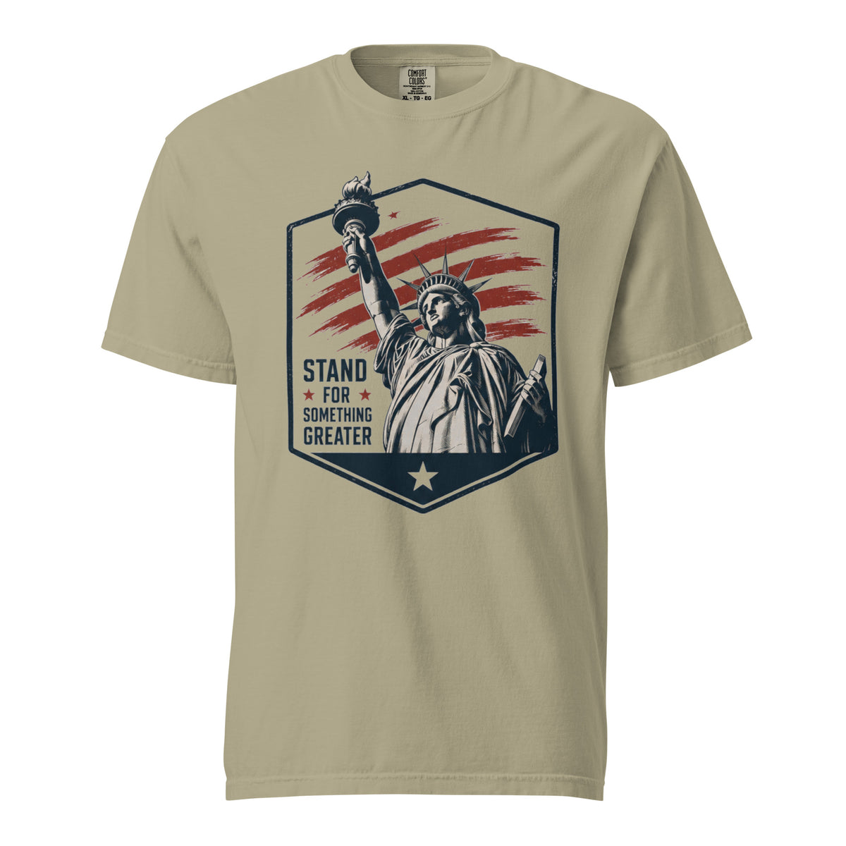 Tan men's t-shirt with statue of liberty and red stripes, that says "Stand for something greater" beside it