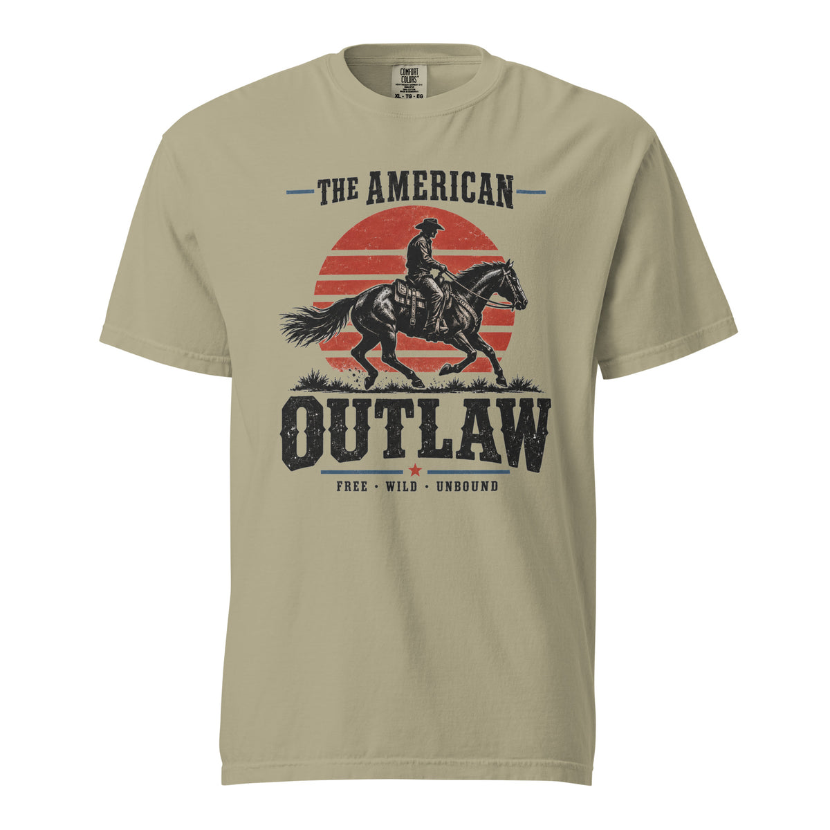 grey men's t-shirt with a sun setting silhouette and cowboy riding horse with "The American Outlaw" written above and below