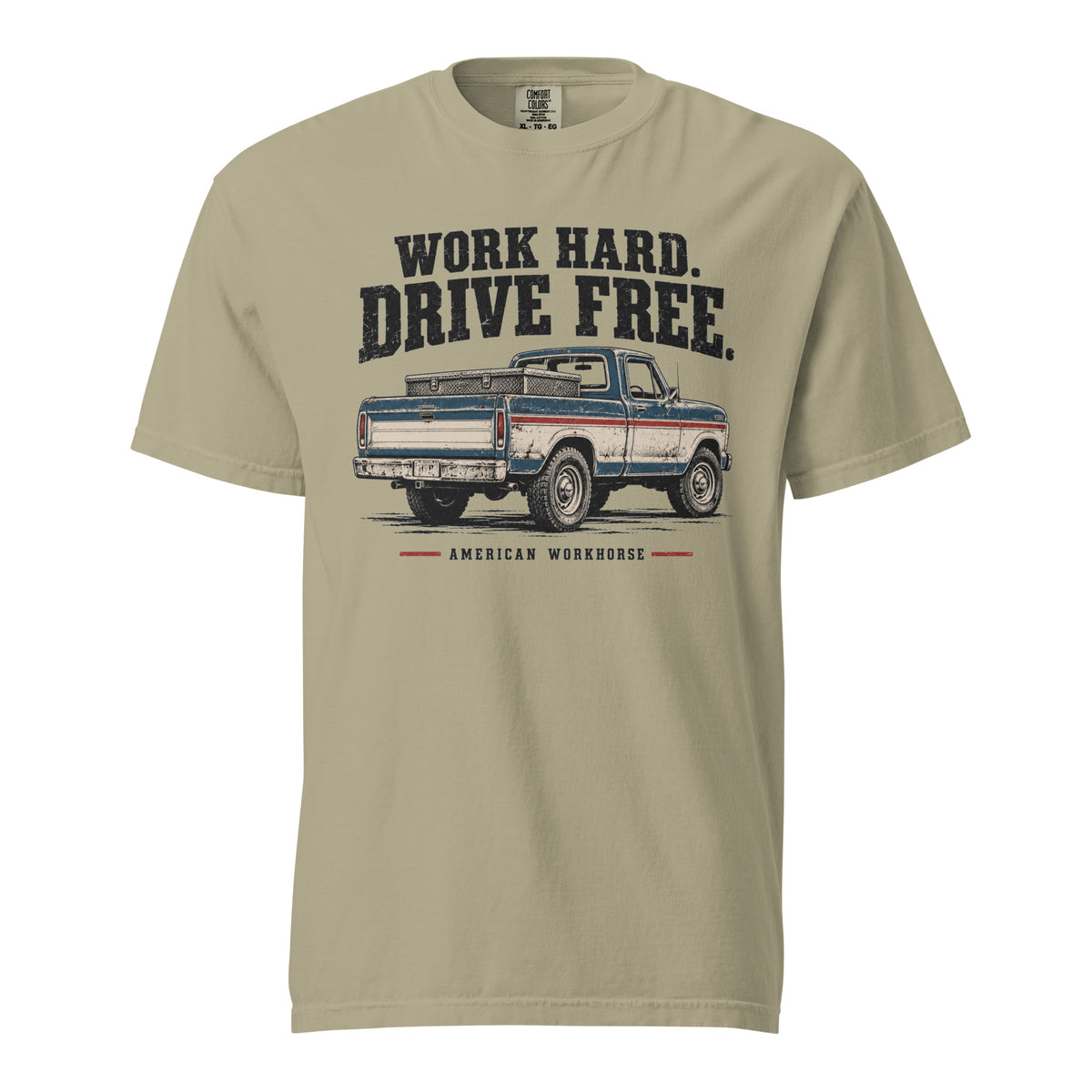 tan men's t-shirt that says Work hard. Drive Free. above a vintage American truck colored dusty red, white and blue