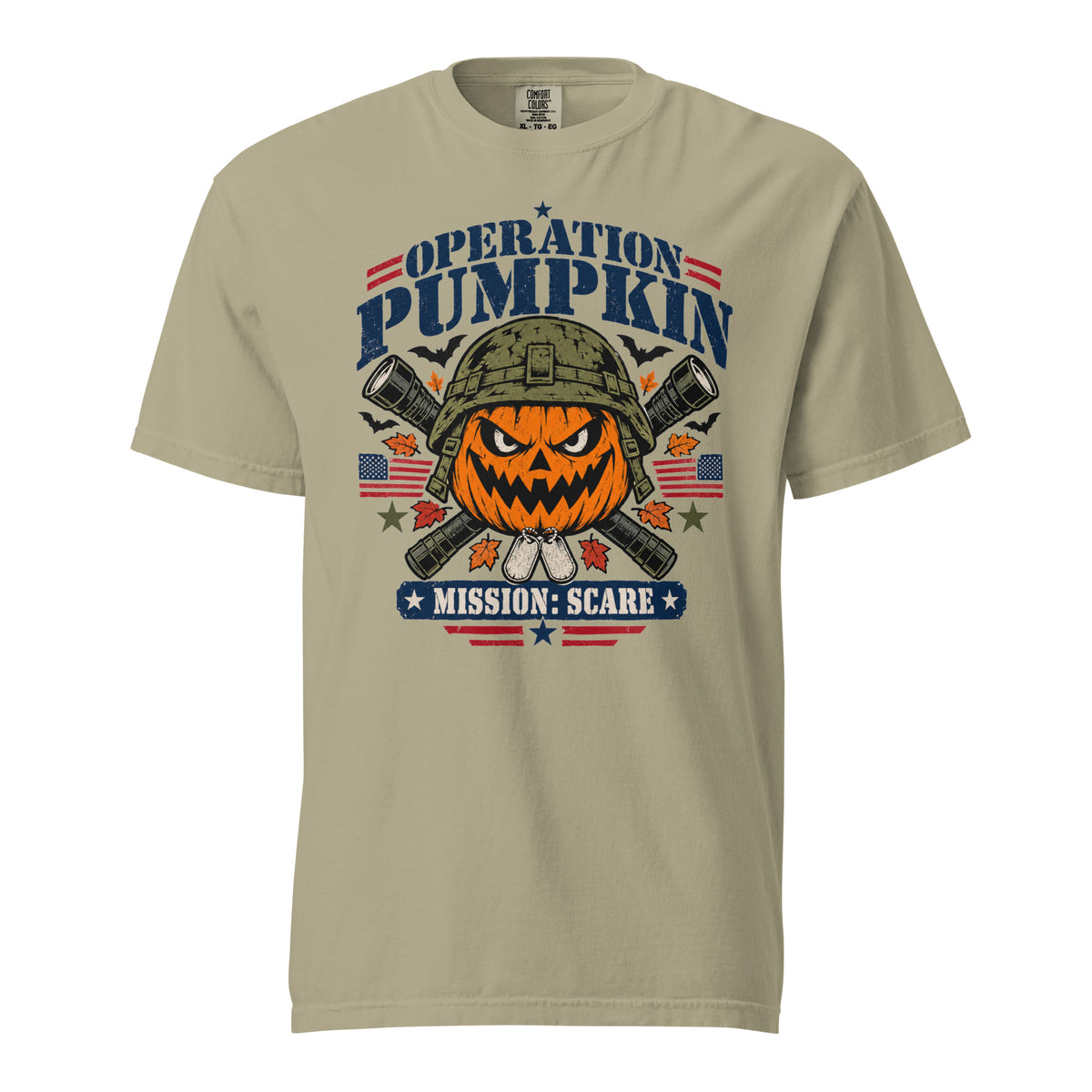 Tan t-shirt with military pumpkin focal point, text saying "Operation pumpkin, Mission: Scare" along the top and bottom, with bats, leaves, and other fall accents