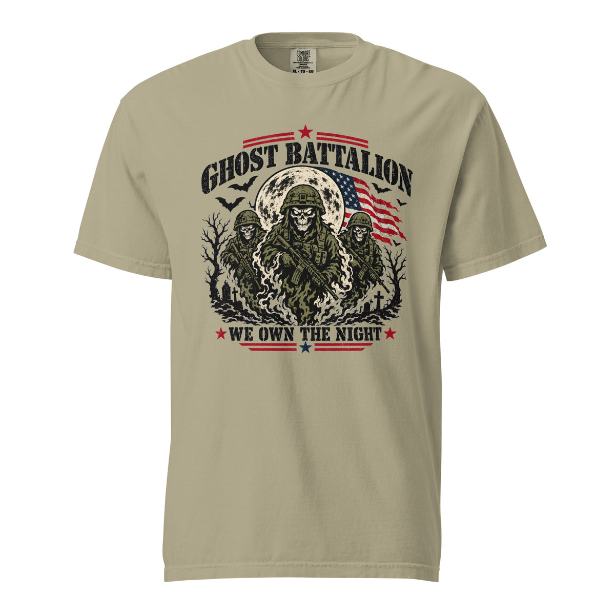 tan t-shirt with three skeleton military soldiers in spooky scene with Ghost Battalion written above and We Own the Night below